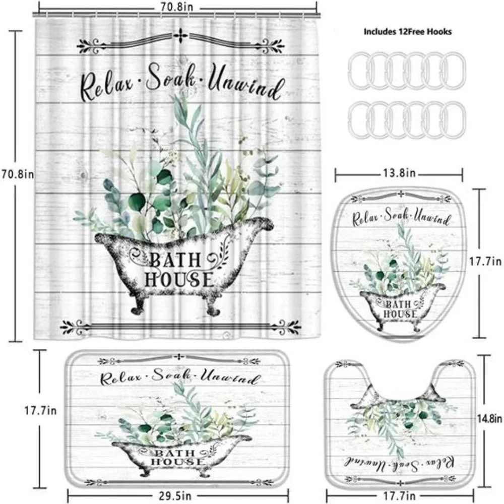 4Pcs Farmhouse Shower Curtain Set Vintage Floral BathroomSet with Shower Curtain